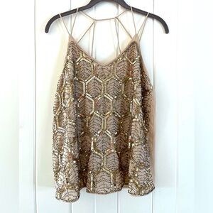 She + Sky Sequin Embellished Beige Cami Top, Sz L (P2P 18.5”)